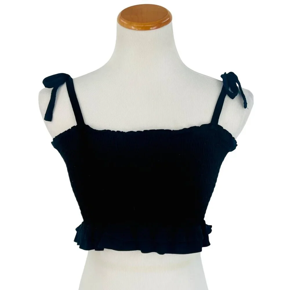 Garage Black Smocked Tie Straps & Ruffled Hem Crop Top - Picture 11 of 14